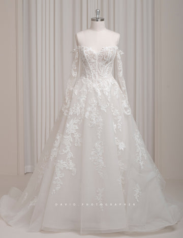 SS27 Luxury Lace Sleeve Wedding Dress Manufacturer