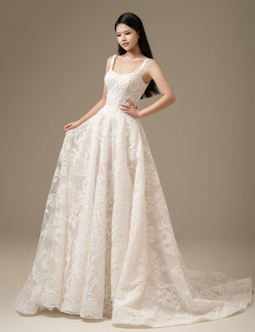 Neck Lace A-Line Wedding Dress with Beaded Appliques