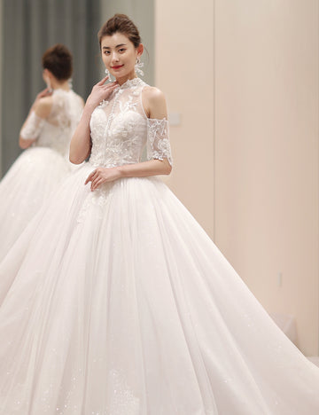 New-style French stand-up collar off-the-shoulder lace-embroidered bridal gown for women; luxurious, regal-style sequinned ball gown with train for a formal wedding ceremony