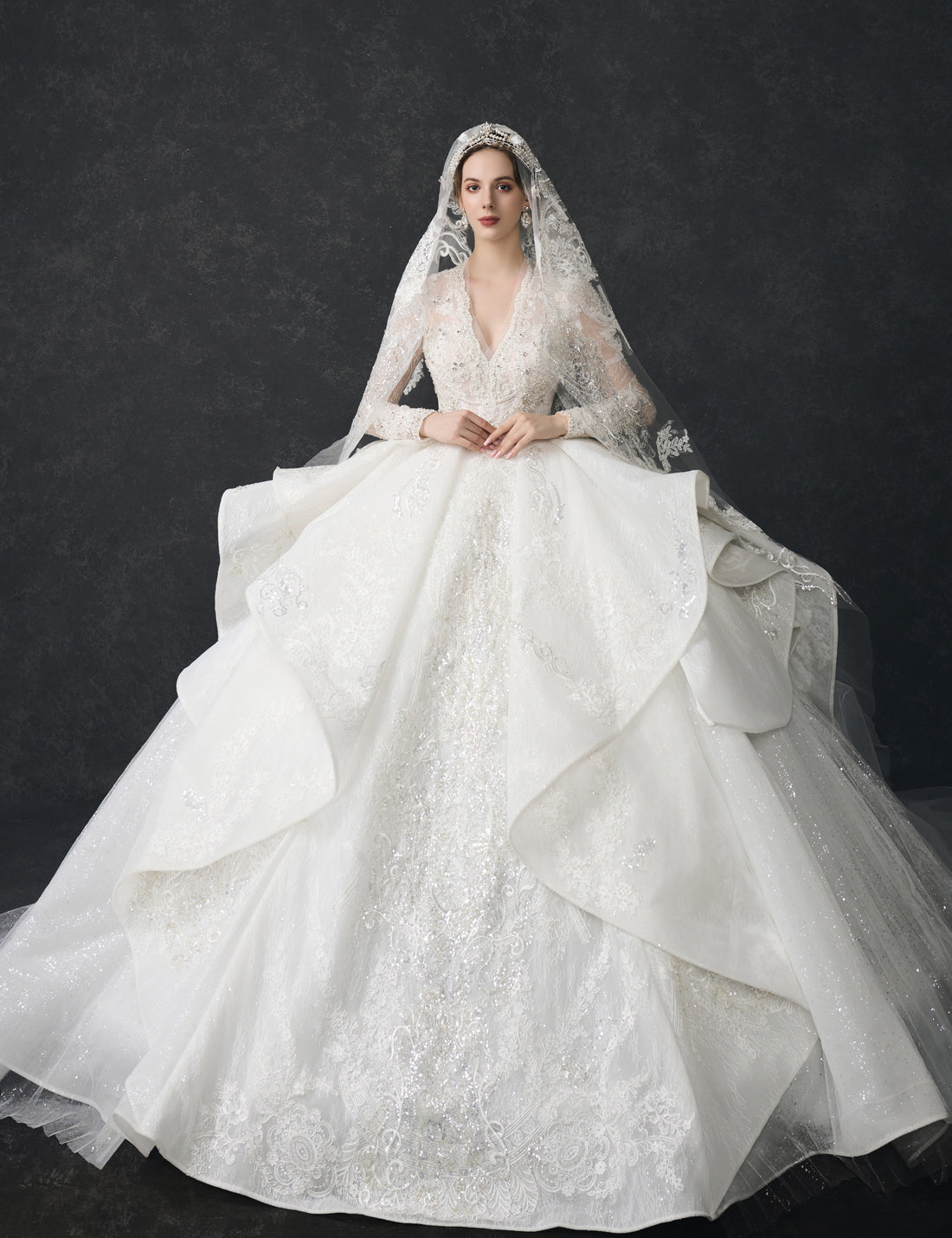 Enchanted Royal Cathedral Wedding Dress, Luxury Vintage Deep V Long Sleeve Lace Bridal Gown, Dreamy Sparkle Crystal Beaded Ball Gown With Hollow Back Design & Exquisite Lace Trailing Veil