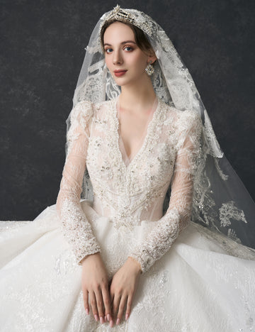 Enchanted Royal Cathedral Wedding Dress, Luxury Vintage Deep V Long Sleeve Lace Bridal Gown, Dreamy Sparkle Crystal Beaded Ball Gown With Hollow Back Design & Exquisite Lace Trailing Veil
