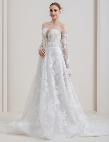 Strapless Lace A-Line Wedding Dress with Detachable Long Sleeves