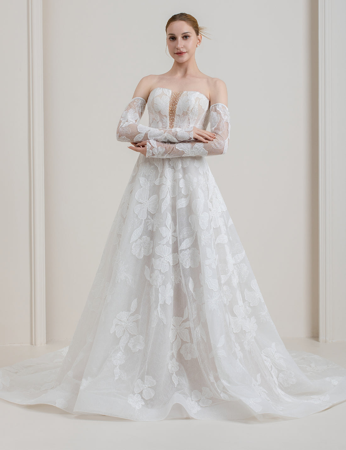 Strapless Lace A-Line Wedding Dress with Detachable Long Sleeves