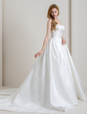 Square Neck Satin Ball Gown Wedding Dress with Train
