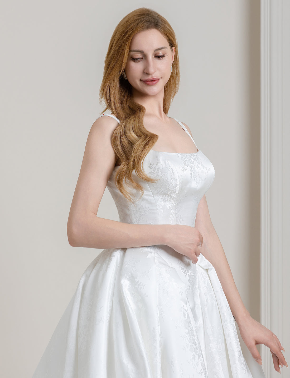 Square Neck Satin Ball Gown Wedding Dress with Train