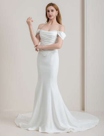 Off-the-Shoulder Satin Mermaid Wedding Dress with Beaded Details