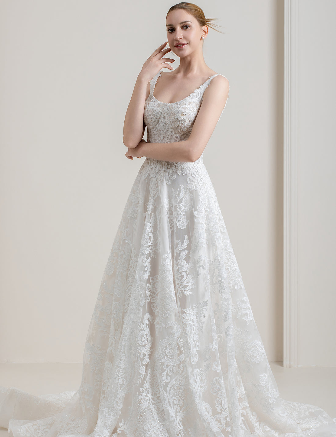 Neck Lace A-Line Wedding Dress with Beaded Appliques