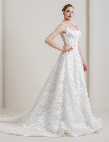 Neck Lace A-Line Wedding Dress with Beaded Appliques