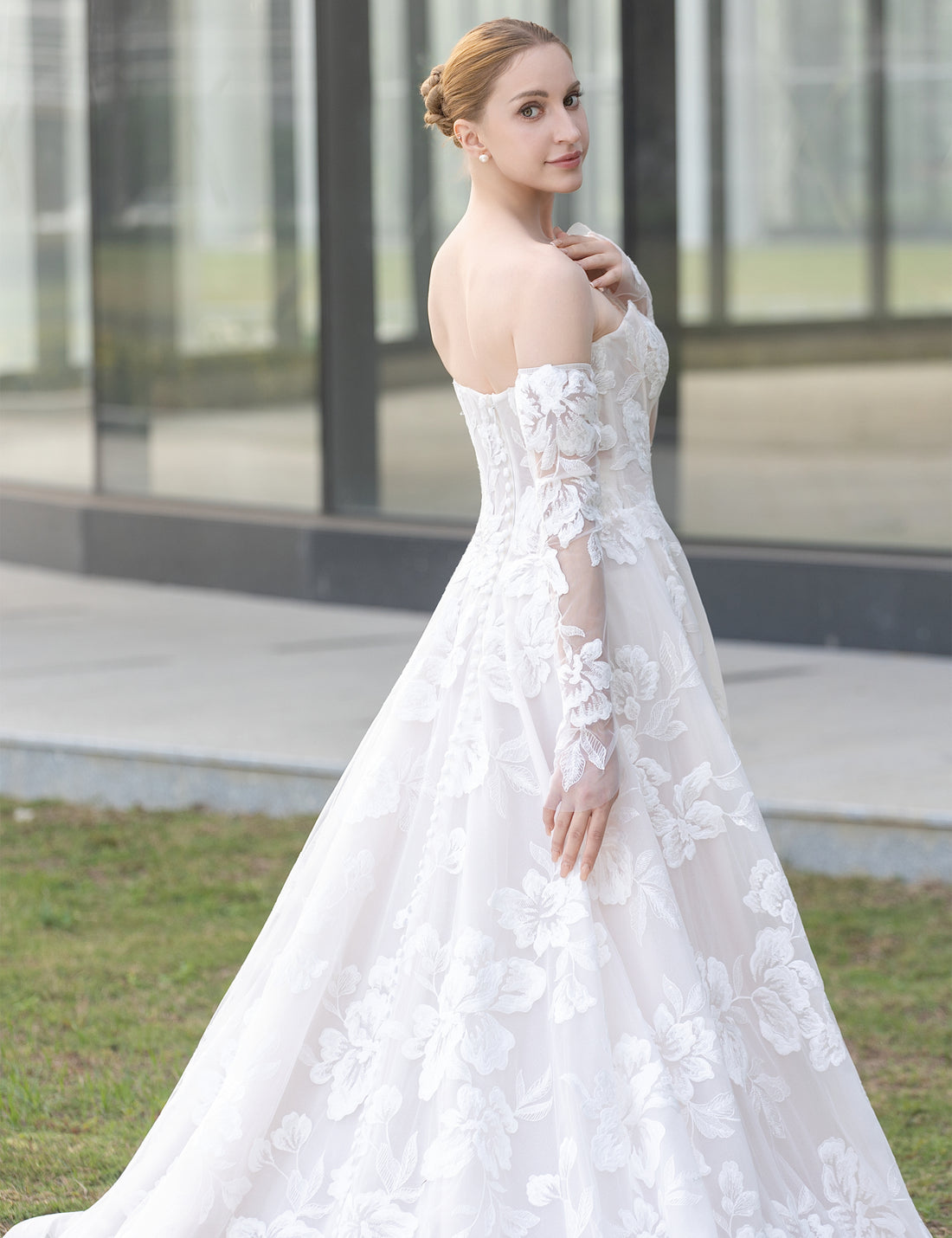 Strapless Lace A-Line Wedding Dress with Detachable Long Sleeves