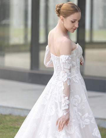 Strapless Lace A-Line Wedding Dress with Detachable Long Sleeves