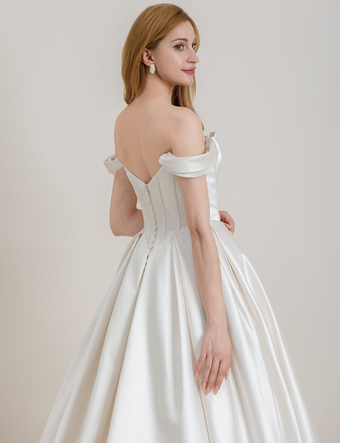 Off-the-Shoulder Satin Ball Gown Wedding Dress with Beaded Sweetheart Neckline