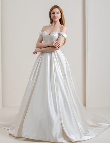 Off-the-Shoulder Satin Ball Gown Wedding Dress with Beaded Sweetheart Neckline