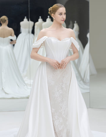 Off-the-Shoulder Convertible Mermaid Wedding Dress with Lace and Satin Overlay