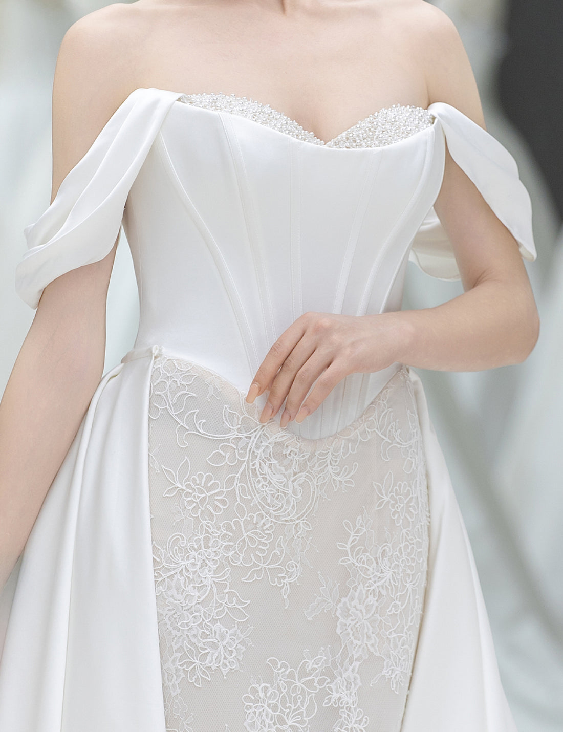 Off-the-Shoulder Convertible Mermaid Wedding Dress with Lace and Satin Overlay