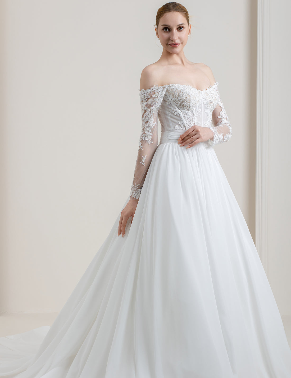 Lace Chiffon A-Line Wedding Dress with Long Sleeves and Cape