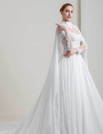 Lace Chiffon A-Line Wedding Dress with Long Sleeves and Cape