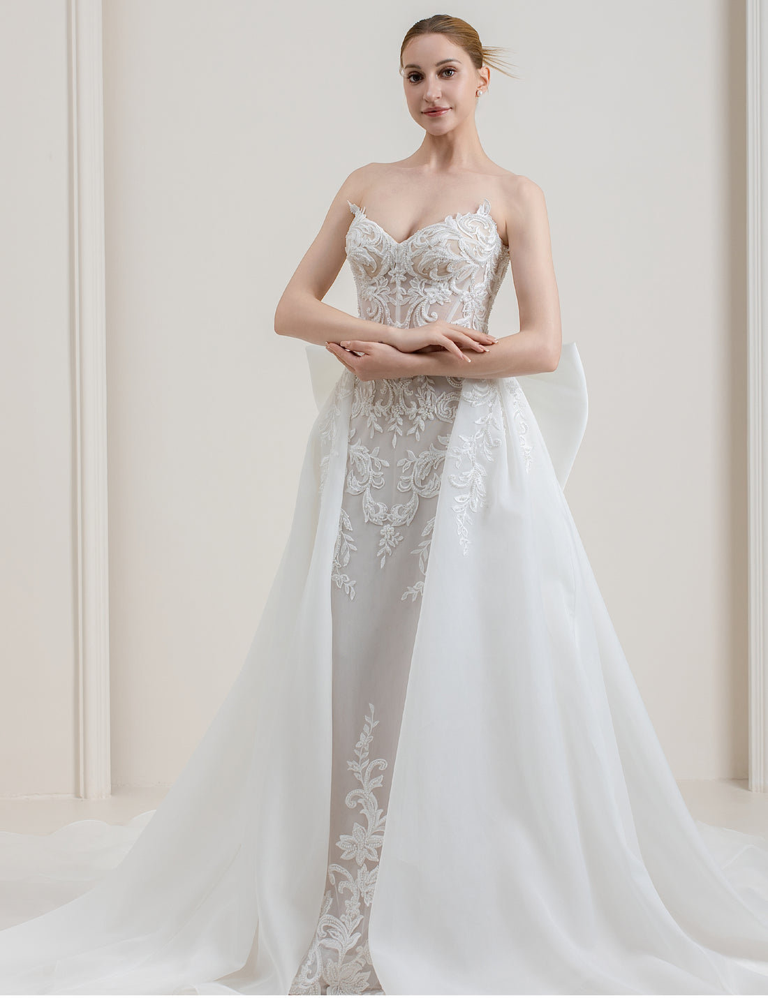 Strapless Lace Mermaid Wedding Dress with Overskirt & Bow Detail