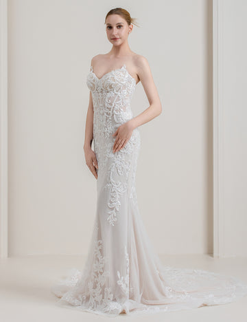 Strapless Lace Mermaid Wedding Dress with Overskirt & Bow Detail