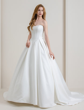 Satin strapless deep V-neck vintage wedding dress with court-style beading