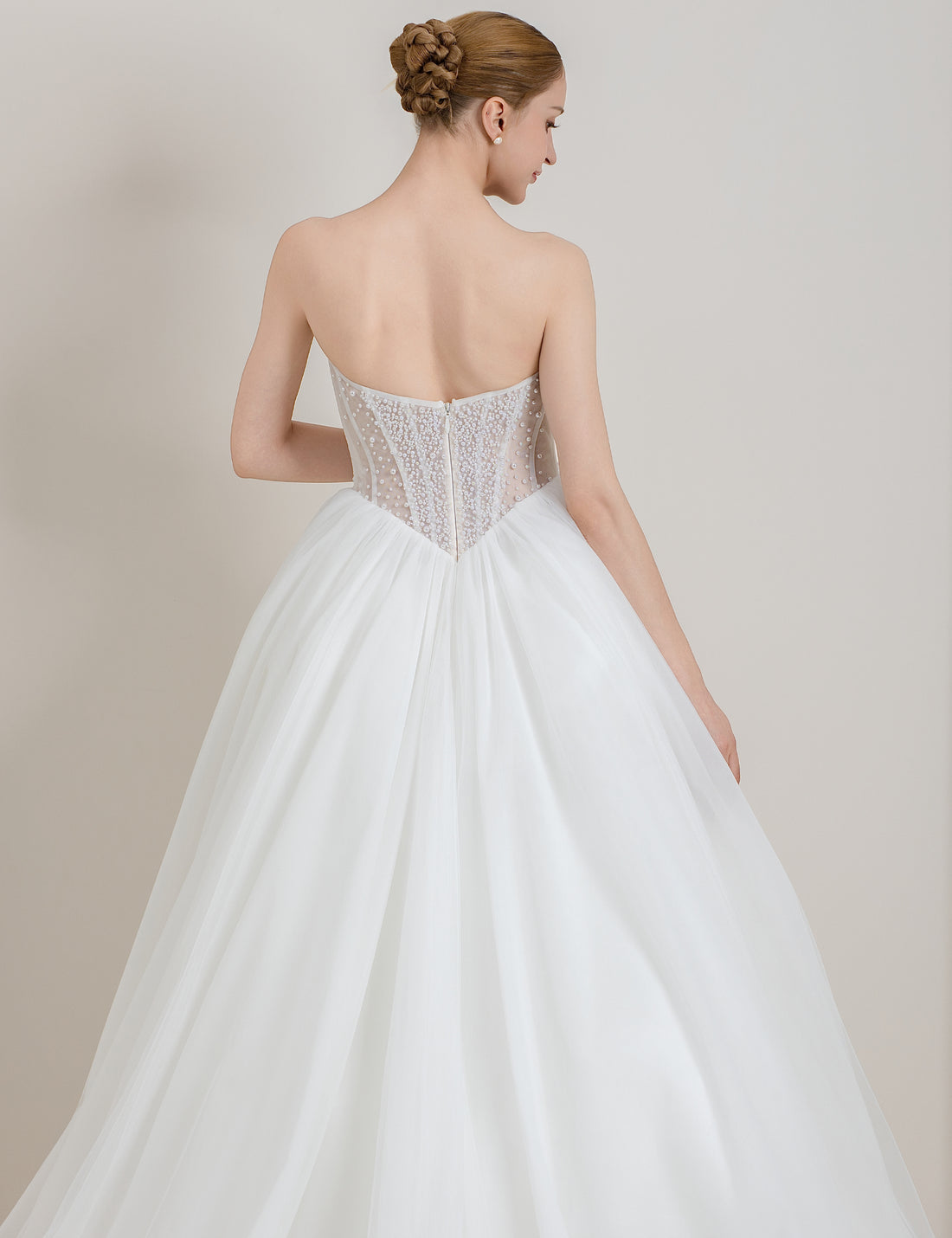 Pearl Beaded Halter Tulle Ball Gown Wedding Dress