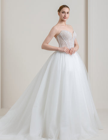 Pearl Beaded Halter Tulle Ball Gown Wedding Dress