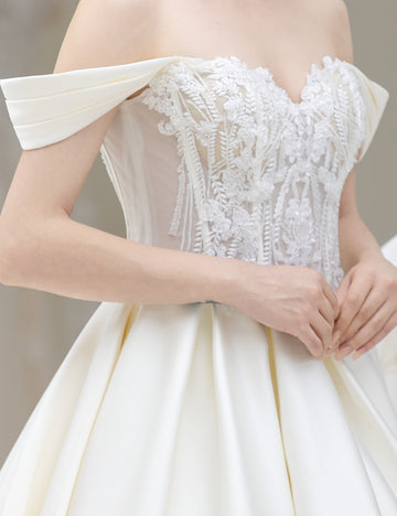 Off-the-Shoulder Lace Bodice Satin Ball Gown Wedding Dress