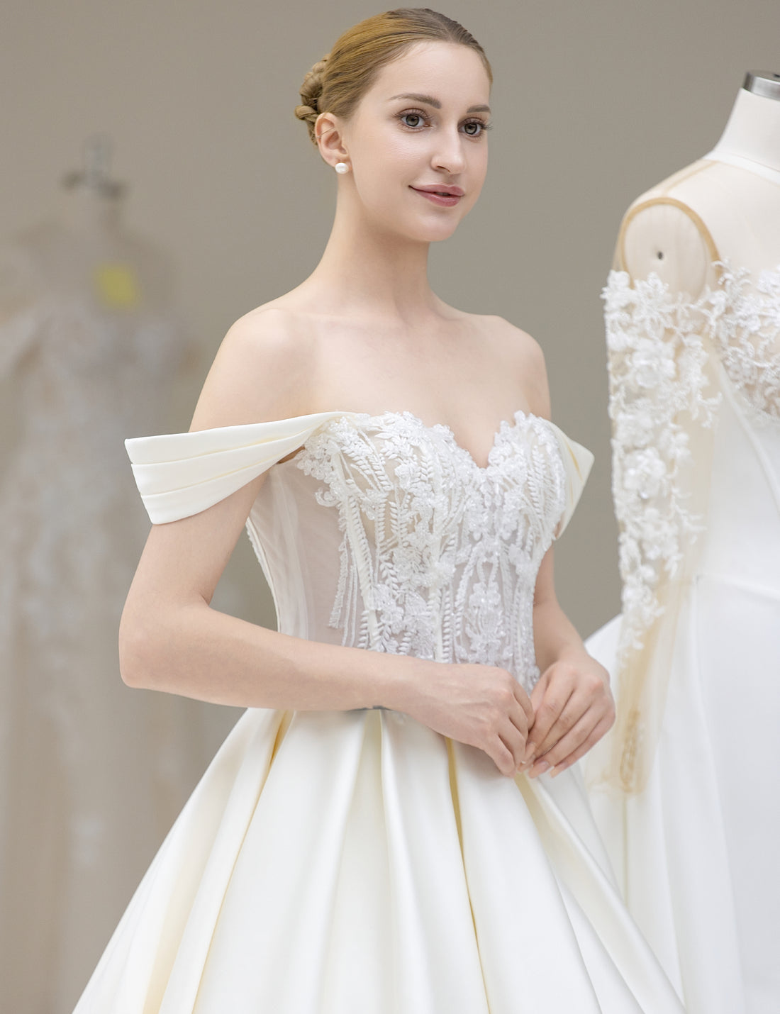 Off-the-Shoulder Lace Bodice Satin Ball Gown Wedding Dress
