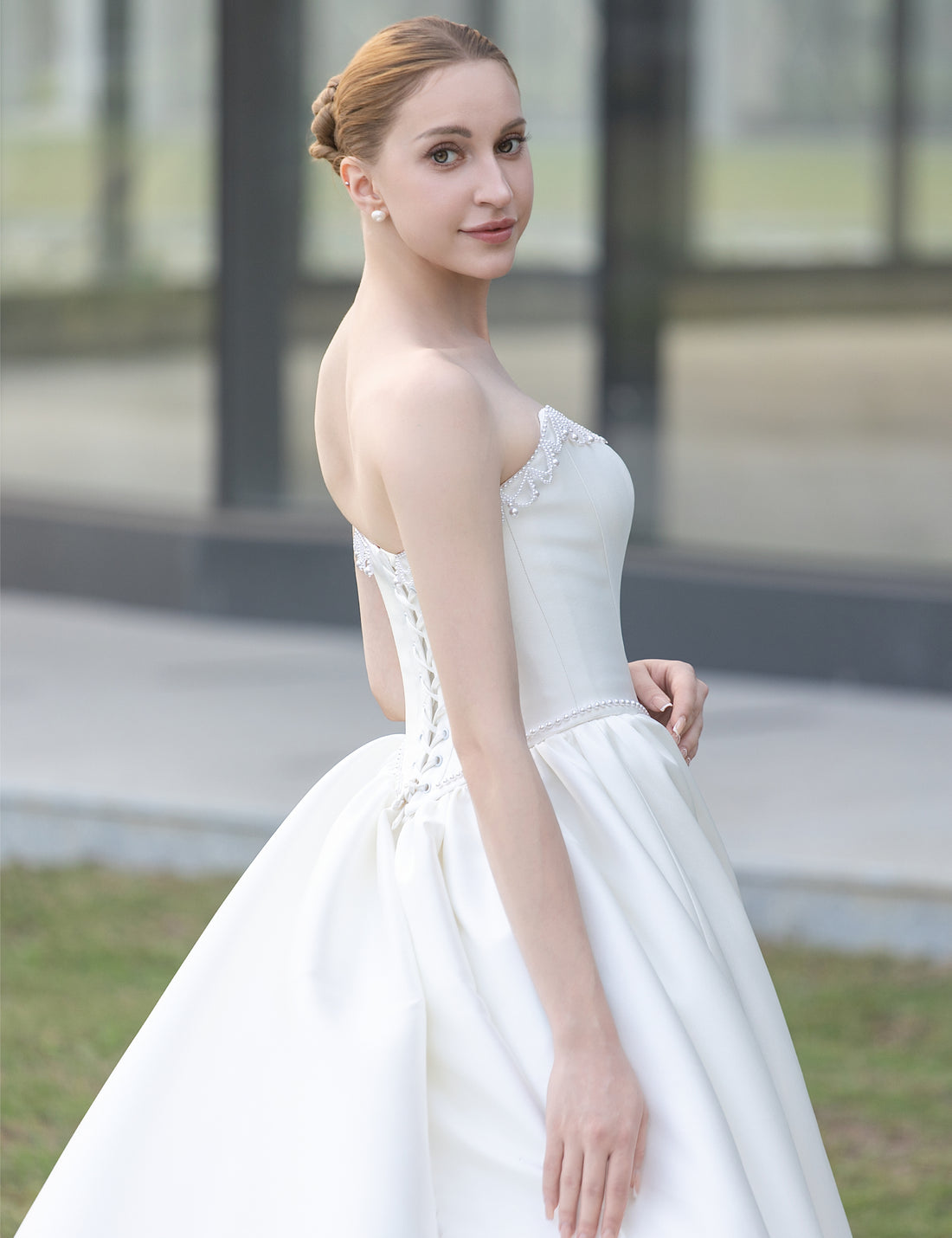 Strapless Satin Ball Gown Wedding Dress with Lace-Up Corset Back