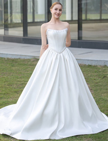 Strapless Satin Ball Gown Wedding Dress with Lace-Up Corset Back