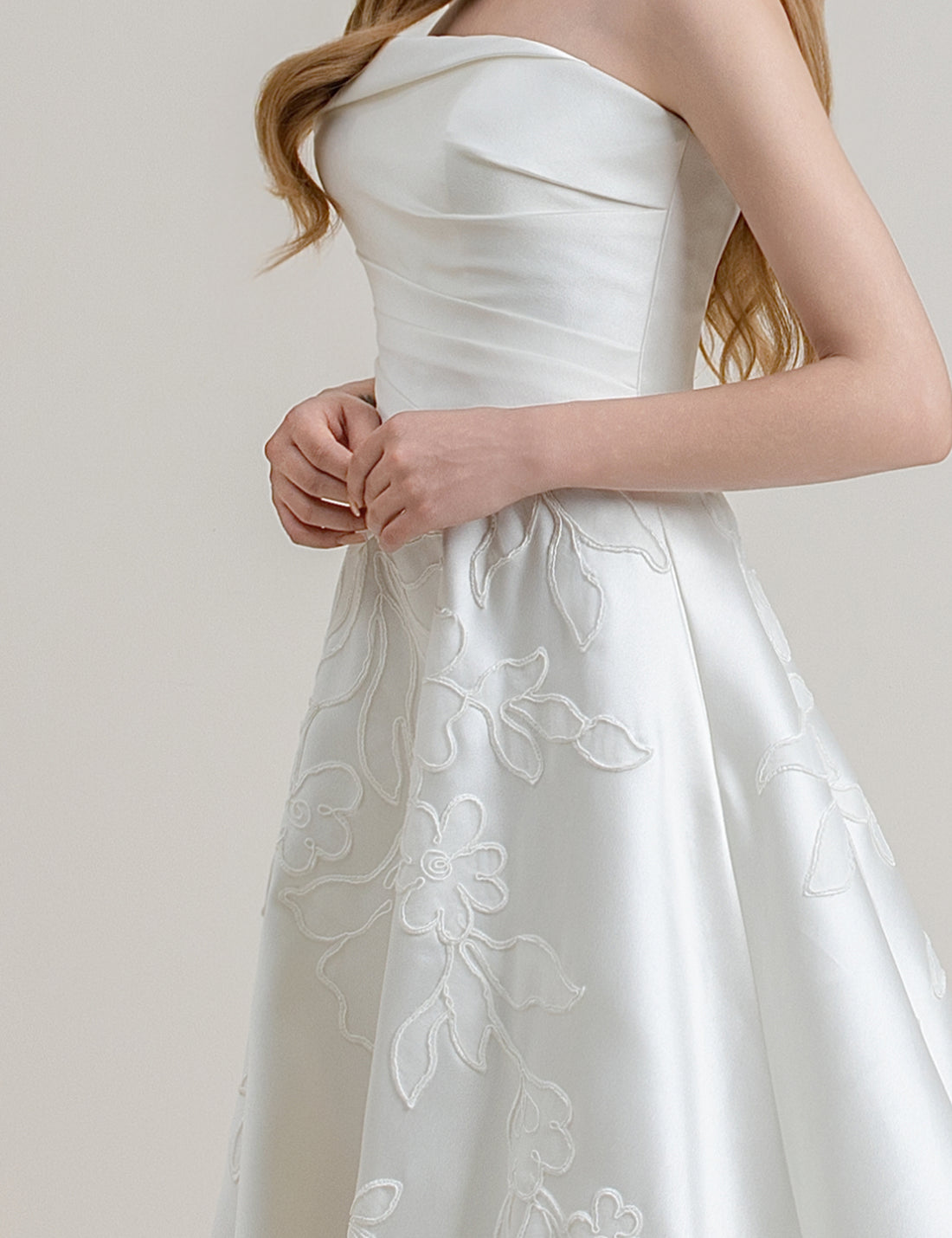 Strapless Satin Wedding Dress with Floral Embroidery & Button Back