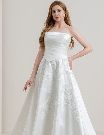 Strapless Satin Wedding Dress with Floral Embroidery & Button Back