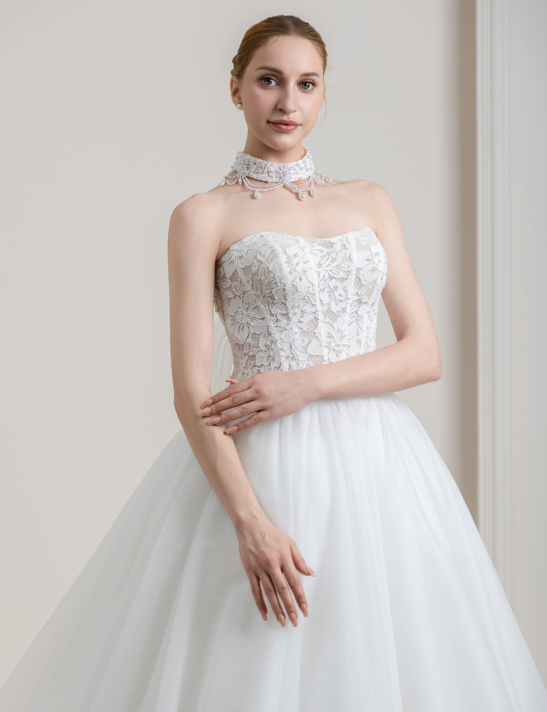 Strapless Glitter Ball Gown Wedding Dress with Lace Bodice