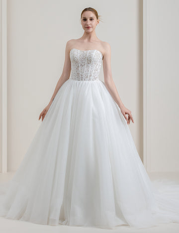 Strapless Glitter Ball Gown Wedding Dress with Lace Bodice